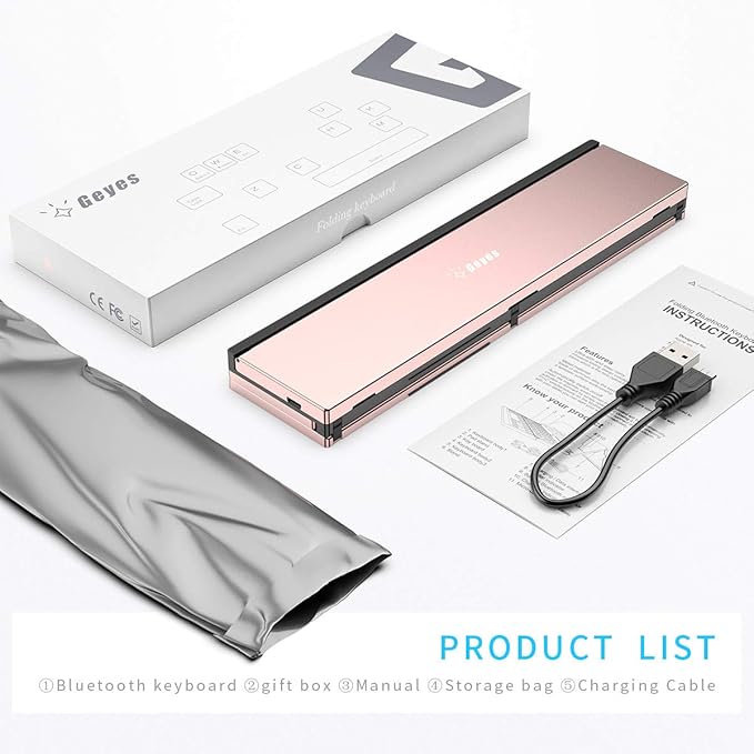 Geyes Bluetooth Keyboard Foldable Portable Folding Travel Keyboard for iPhone 15 Pro Plus/Xs/max/x/14/13 /12/11 /iPad/iPad mini 4, Samsung Android Tablet Smart Phone (Rose Gold)