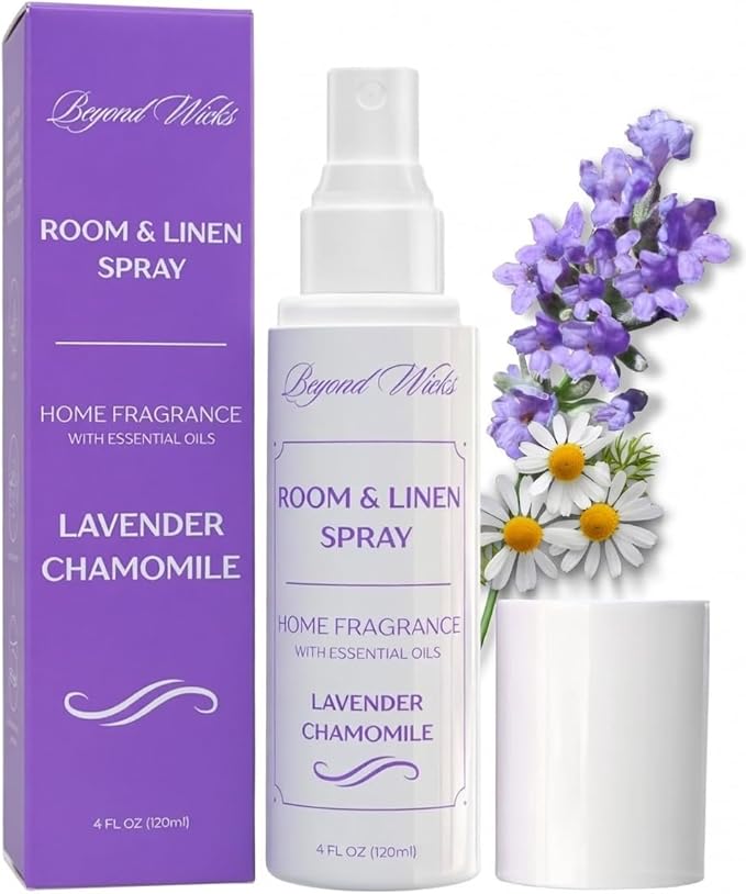 Room & Linen Spray - Lavender Chamomile Scent - Fabric and Air Freshener for Bedding, Sheets, and Home - Fine Mist Spray Bottle - 120 ml (4 fl oz) by Beyond Wicks