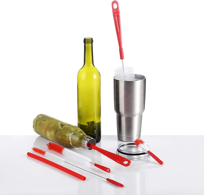 ALINK 8-Pack Red Bottle Brush Cleaner Set - Long Cleaning Brush for Narrow Neck Wine/Beer Bottles, Thermos, Hummingbird Feeder, Spout, Lids and Straws