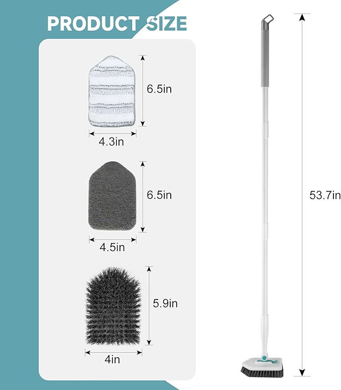 nacena Shower Scrubber with Long Handle, 3 in 1 Tile Tub Scrubber Brush with 3 Detachable Cleaning Heads Adjustable Handle Shower Cleaner Brush for Bathroom, Kitchen, Toilet, Wall, Sink, Blue White