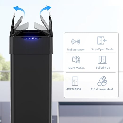 TLSUNNY 21.1 Gallon Automatic Trash Can, Stainless Steel Motion Sensor Garbage bin, Smart Trash Can W/Butterfly Lid, Bag Retainer Ring and Display Light for Living Room,Kitchen,Office (Black, 80L)