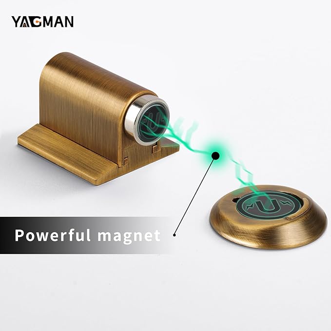 Magnetic Door Stopper, Magnet Floor Door Stop Retractable, Door Magnetic Catch, Door Holder to Keep Door Open, No Drilling Mount with Adhesive, Antique Brass 1 Pack AB-1