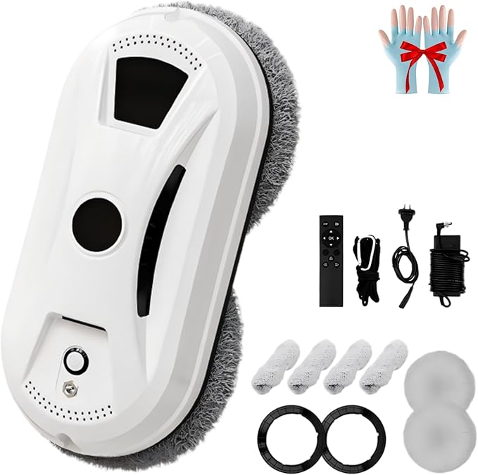 Automatic Smart Window Cleaning Robot, Window Cleaner Robot, Dual Water Spray Glass Washer with Remote Control, Safety Rope for High Rise Mirrors & Tiles in Home or Office (White)