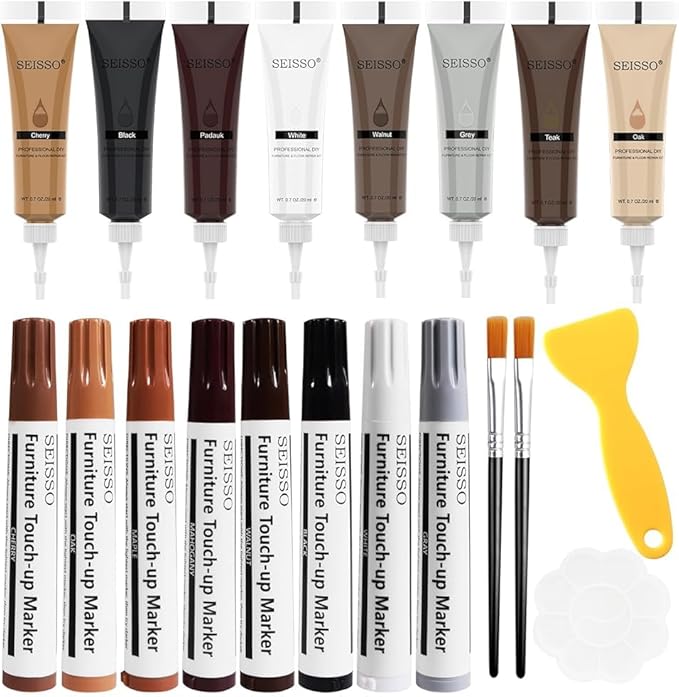 SEISSO Wood Furniture Repair Kit- 8 Colors Wood Fillers and Touch Up Markers, New Upgrade Wood Repair Kit, Wood Markers for Scratches Stains- Restore Wooden Table, Cabinet, Floors, Door, 20 Sets
