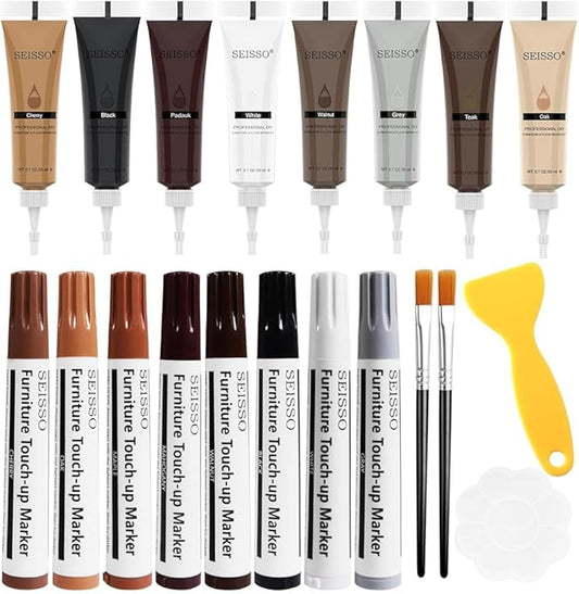 SEISSO Wood Furniture Repair Kit- 8 Colors Wood Fillers and Touch Up Markers, New Upgrade Wood Repair Kit, Wood Markers for Scratches Stains- Restore Wooden Table, Cabinet, Floors, Door, 20 Sets
