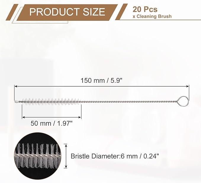 HARFINGTON Straw Cleaner Brush Set, 6 Inch Length 304 Stainless Steel and Nylon Bristles for Water Bottle Silicone Straw Sippy Cup Pipes, White (6mm OD, 20-Piece-Set)
