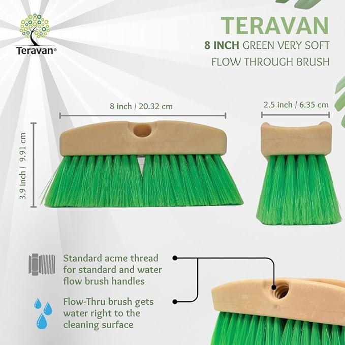 Teravan Green Flow Through Brush Head, 8-Inch Extra Soft Bristle Brush for Gentle Car Wash, RV, Boat, Window & Floor Cleaning, Compatible with Pole Handle