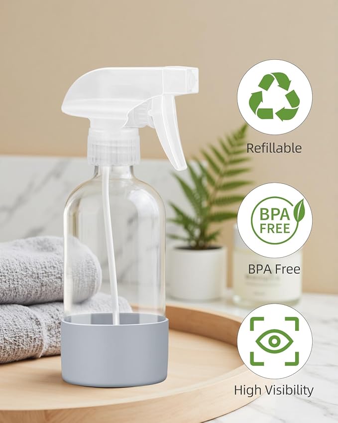 2 Pack Glass Spray Bottles 8 oz, Empty Refillable Containers with Silicone Sleeve Protection, Glass Spray Bottles for Cleaning Solutions, Hair and Plants with Adjustable Nozzles Blue&Grey