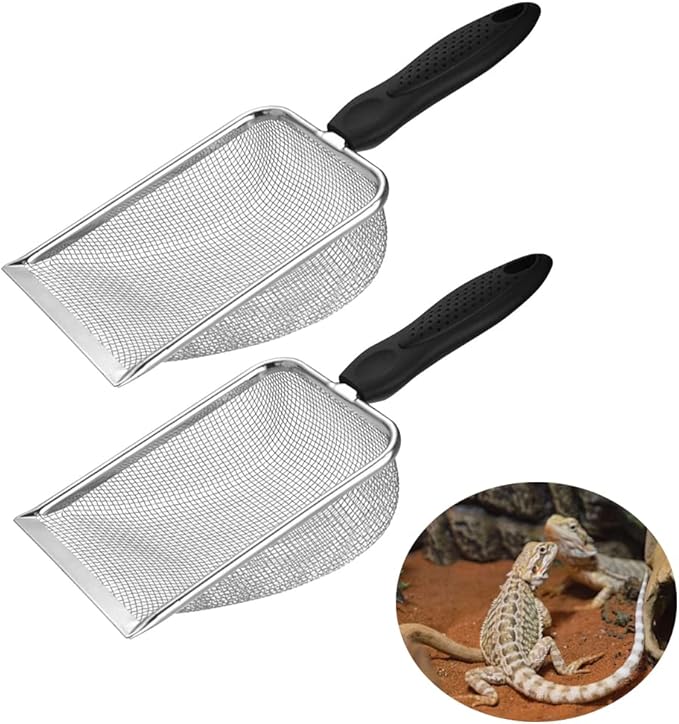 2pcs Cat Litter Scoop, Portable Reptile Sand Scooper, Stainless Steel Fine Mesh Scoop Shove-l for Litte-r Box, Sand Bedding, Easy to Clean and Durable(Color:Silver)