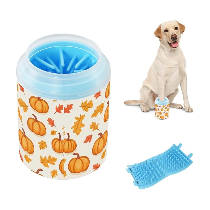 Dog Paw Cleaner Cups for Dogs Pets Foot Washer Paw Scrubber for Medium Small Cats Dogs Cleaning Cup Fall Pumpkins and Leaves