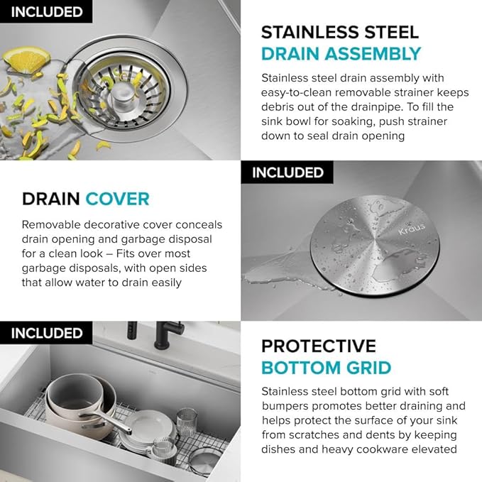 Kraus Kore 30-Inch Rounded Farmhouse Workstation with In Sink Dish Drying Rack, Stainless Steel Kitchen Sink, KWF210-30
