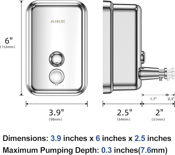 AIKE Polished Stainless Steel Wall Mount Pump Soap Dispenser Polished 17 fl.oz. AK1001