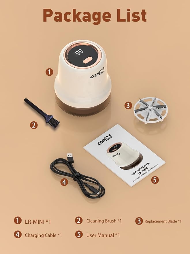 COPPA Lint Remover, LR-MINI USB Rechargeable Lint Removal 6 Blades & 3 Speed Shut-Off Protection Electric Portable Remove Fuzz Lint with Battery Display for Furniture Curtain Clothing