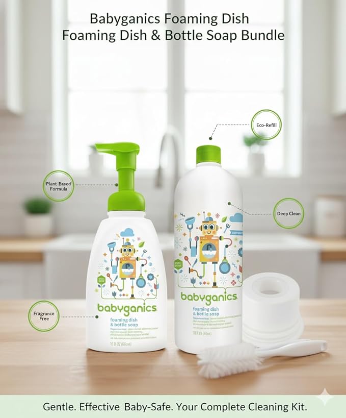 LuxProdX Baby ganics 16 Ounce Dish Dazzler Foaming Dish and Bottle Soap with Refill Kit BUNDLED with Two (2) Bottle Brushes BONUS