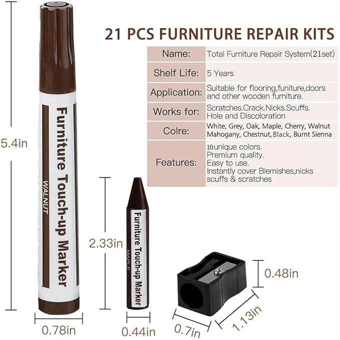 Furniture Markers Touch Up,Wood Filler Floor Scratch Repair Kits,Set of 21-Markers and Wax Sticks with Sharpener Kit for Funiture Repair,Floor Scratch.
