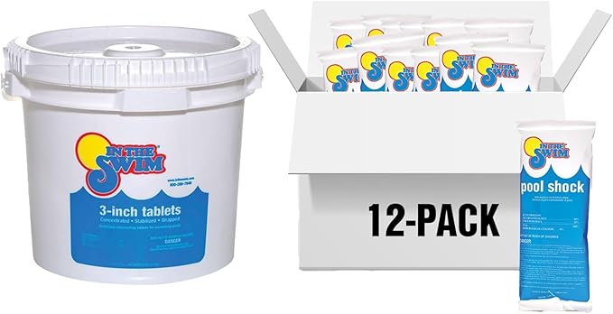 In The Swim Shock and Chlorine Bundle for Sanitizing Swimming Pools – Includes 12 x 1 Pound Bags of 68% Cal-Hypo Pool Shock and 25 Pound Bucket of 3 Inch Stabilized Chlorine Tablets