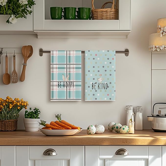 Artoid Mode Light Blue Stripe Polka dots Rabbit Bunny Easter Kitchen Towels Dish Towels, 18x26 Inch Seasonal Spring Decoration Cleaning Set of 4