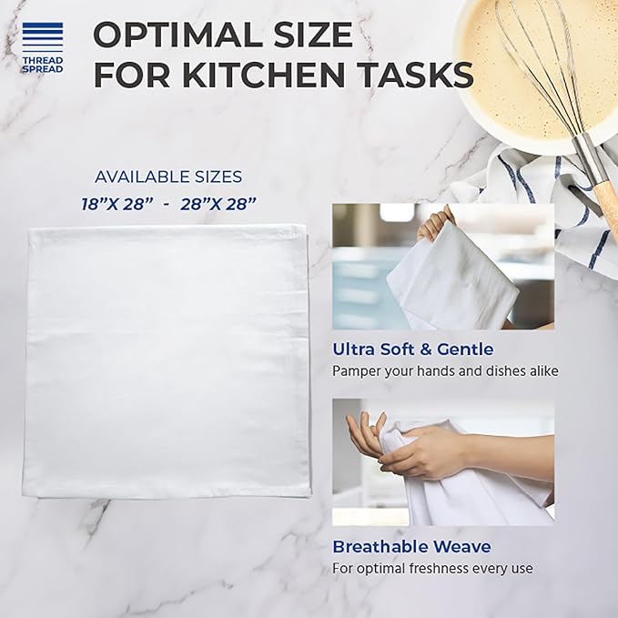 THREAD SPREAD 100% Cotton Dish Cloths - Flour Sack Kitchen Towels - Cotton Blank Towel - Thick Absorbent Quick Dry, Machine Washable - Cleaning & Drying - 28"x28" - Pack of 24, White