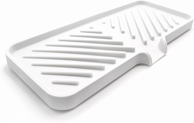 Happitasa Silicone Soap Dish Tray and Sponge Holder with Drain Chute and Feet | 3-Way Sloped Design | Bathroom and Kitchen Sink Organizer Caddy (White, 10"x4")