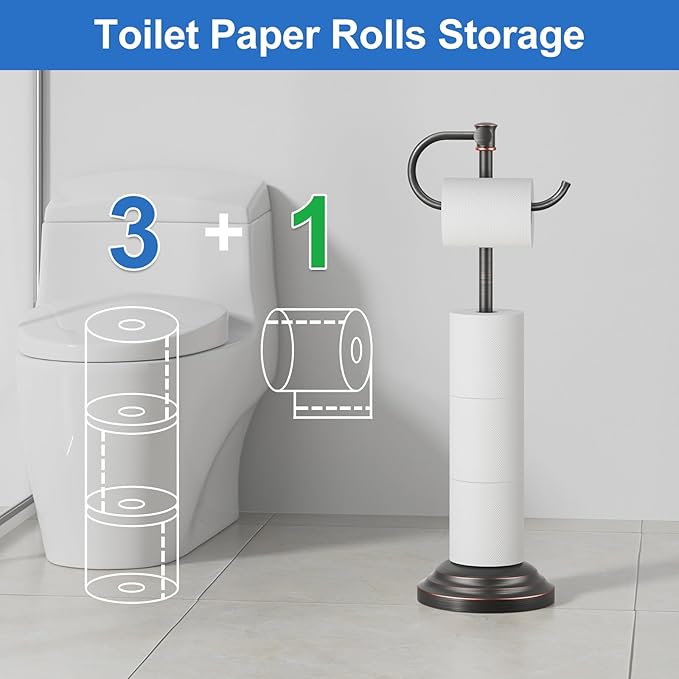 RUMOSE Toilet Paper Holder Stand for Floor, Oil Rubbed Bronze Bathroom Free Standing Toilet Tissue Roll Holder with Storage, Adjustable 17-25 Inch, SUS304 Stainless Steel