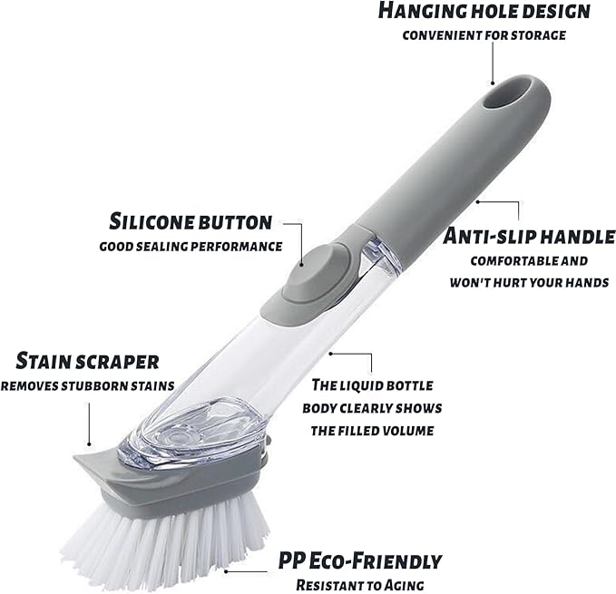 Dish Brush,Dish Scrubber with Soap Dispenser,Dish Wand,Kitchen Brushes for Dishes,Includes Three Brush Heads