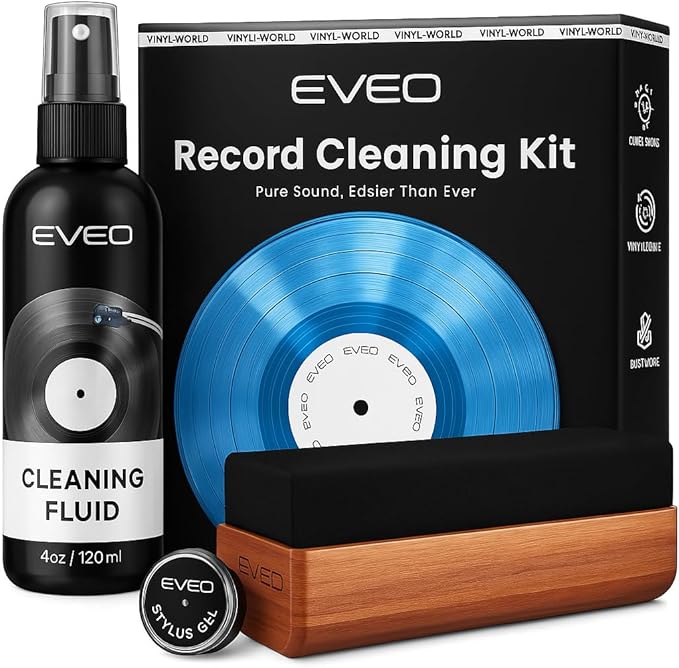 EVEO Vinyl Record Cleaning Kit - 4in1 Vinyl Record Cleaner Kit for Vinyl Records Albums. Vinyl Cleaner Includes XL Record Brush, Cleaning Liquid (4oz), Duster & Stylus Cleaning Gel - Archival Standard