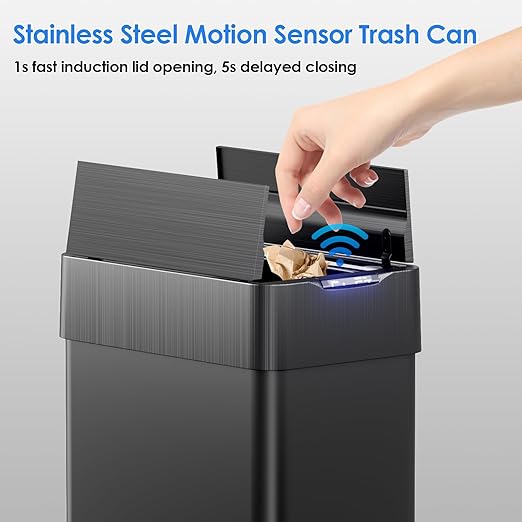 TLSUNNY 18.5 Gallon Automatic Trash Can, Stainless Steel Motion Sensor Garbage bin, Smart Trash Can W/Butterfly Lid, Bag Retainer Ring and Display Light for Living Room,Kitchen,Office (Black, 70L)