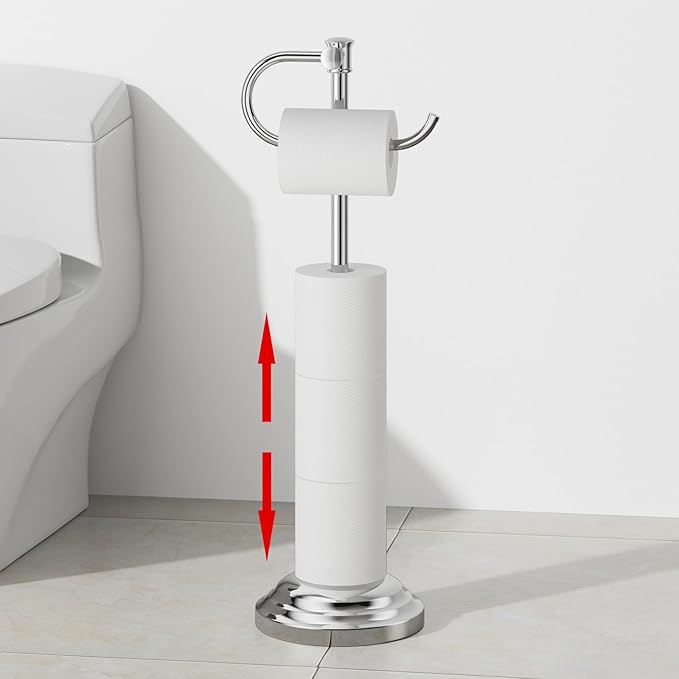 RUMOSE Toilet Paper Holder Stand for Floor, Polished Chrome Bathroom Free Standing Toilet Tissue Roll Holder with Storage, Adjustable 17-25 Inch, SUS304 Stainless Steel