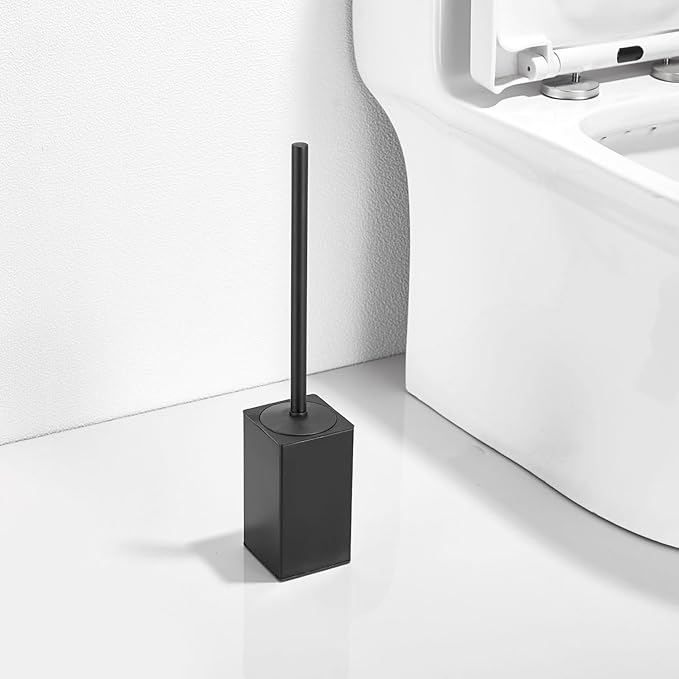 Toilet Brush and Holder, Stainless Steel Square Toilet Bowl Brush Freestanding with Lid,Toilet Cleaner Brush Set for Bathroom Storage,Black