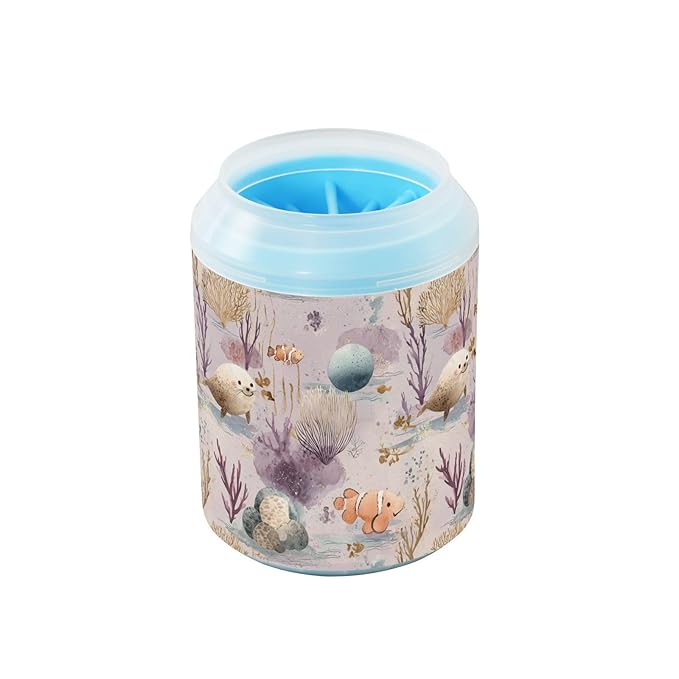 Dog Paw Cleaner Cups for Dogs Pets Foot Washer Paw Scrubber for Medium Small Cats Dogs Cute Cleaning Cup Purple Seals Clownfish Coral Rocks