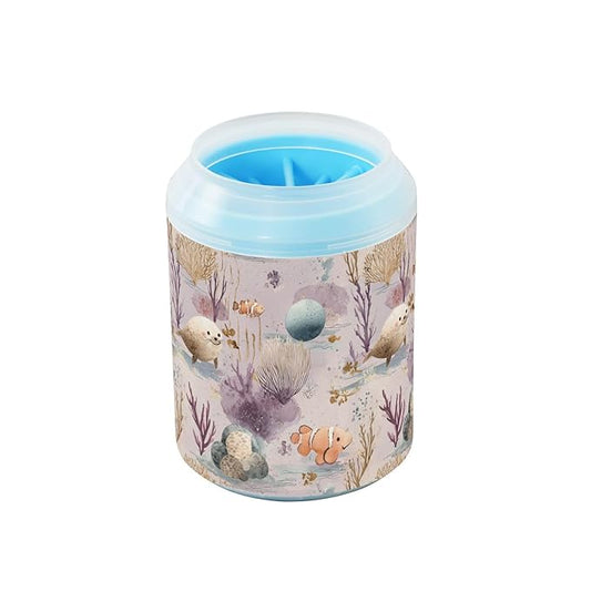 Dog Paw Cleaner Cups for Dogs Pets Foot Washer Paw Scrubber for Medium Small Cats Dogs Cute Cleaning Cup Purple Seals Clownfish Coral Rocks