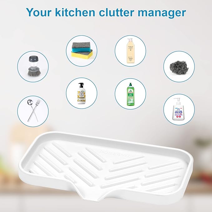 SUBEKYU Silicone Kitchen Soap Tray, Sink Tray for Kitchen Counter/Soap Bottles, Sponge Holder and Organizer with Drain Spout, White, [Size: 9.5 x 5 inch]