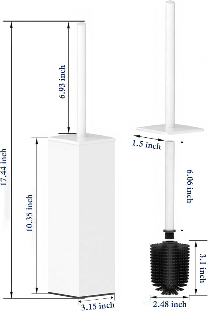 RUACQ Toilet Brush and Holder Set,Square Toilet Bowl Brush for Bathroom with 304 Stainless Steel Handle Toilet Cleaner Brush with Durable Scrubbing Bristles,Splash-Proof (White)