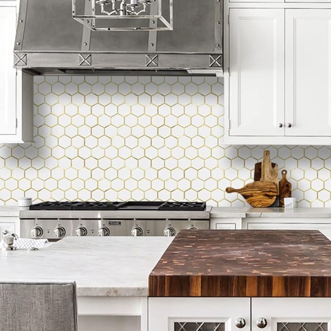 DICOFUN 10-Sheet Hexagon Peel and Stick Backsplash Tile, Polished White Tile Look Mixed Light Gold Kitchen Backsplash Peel and Stick Wall Tiles