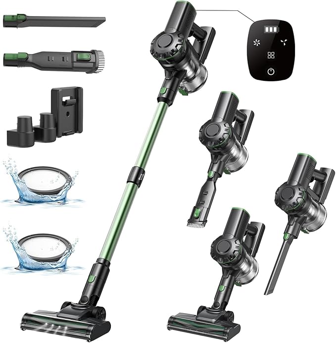 Vexilar Cordless Vacuum Cleaner, 550W/45Kpa/60Mins, Cordless Stick Vacuum Cleaner with Self-Standing and Touch Screen, 6-in-1 Lightweight, Rechargeable Vacuum for Pet Hair Carpet Hardwood (Green)