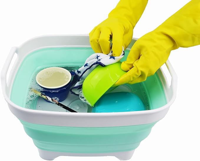 SAMMART 7.5L (2 Gallons) Collapsible Dishpan with Draining Plug - Foldable Washing Basin - Portable Dish Washing Tub - Space Saving y (White/Light Green (Set of 2), 2)