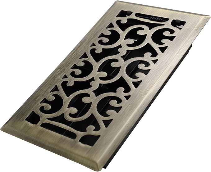 4x8 Inches Heavy Duty Walkable Floor Register - Easy Adjust Air Supply Lever Decorative Floor Vent Covers, Savannah Design Vent Covers for Home - Antique Brass
