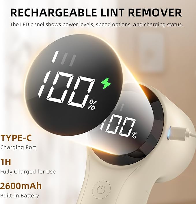 Fabric Shaver, Electric Lint Remover, Rechargeable Lint Shaver, Household Essentials for Clothes, Upholstery, Furniture, Sweater Defuzzer to Remove Pilling, Battery Operated, Beige