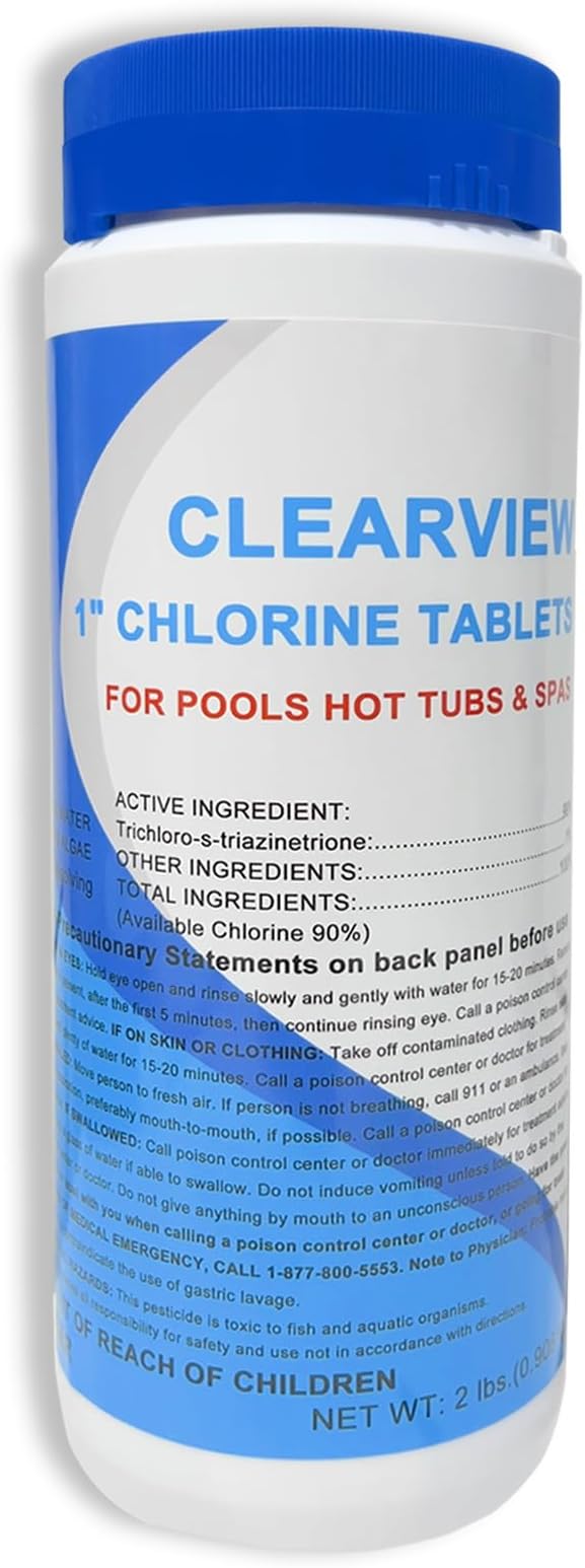 ClearView Stabilized Chlorine Tablets 1 Inch 2 Lbs for Pools, Slow-Dissolving 1" Chlorinating Tablets Sanitizer for Spas and Hot Tubs