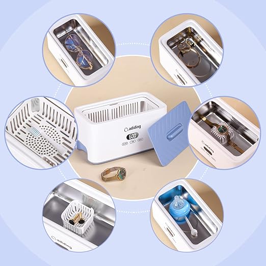 Adiding Jewelry Cleaning Machine, 1000mL (33.8oz) Sonic Retainer Ring Cleaner with 5 Time Mode and Degassing Function Ultrasonic for Glasses, Earrings, Necklaces, Denture, Coins, Pacifier, Blue