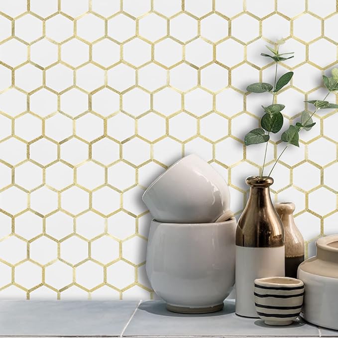 DICOFUN 1 Sheet Hexagon Peel and Stick Backsplash Tile, Polished Marble Look Mixed Light Gold Kitchen Backsplash Peel and Stick Wall Tiles