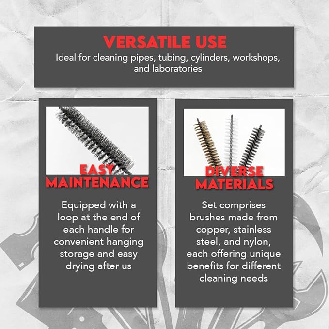 3 Piece Set of 16-Inch Tube Cleaning Brushes Copper, Stainless, Nylon for Various Surface Use (1.5-Inch Diameter)