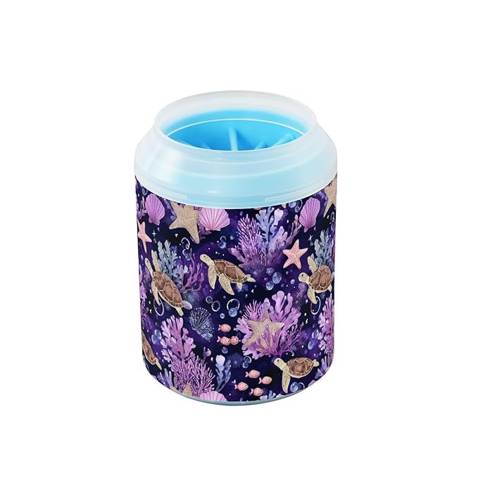 Dog Paw Cleaner Cups for Dogs Pets Foot Washer Paw Scrubber for Medium Small Cats Dogs Cute Cleaning Cup Purple Turtles Starfish Shells Coral