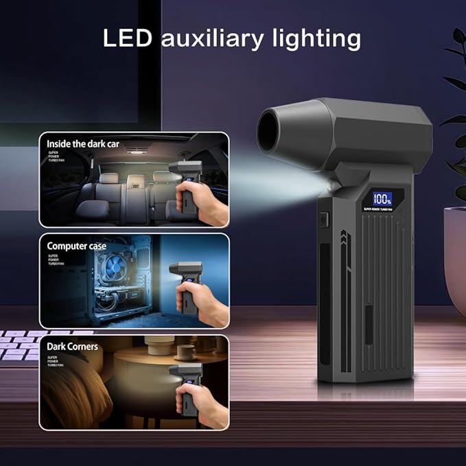 Compressed Air Duster, 110000RPM Electric Jet Blower, 4-Gear Adjustable with LED Display & Light, Cordless Reusable Air Duster for Computer, Keyboard, Car Detailing & Outdoor