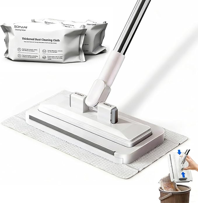 SOPAMI Sweep & Mop Kit Durable Cleaning Tool for Hardwood, Tile, Marble & Laminate Floors,Pet Hair Removal, Home, Kitchen Cleaning Essentials (2 Reusable Cleaning Pads&1pcs Disposable Dry Cloths