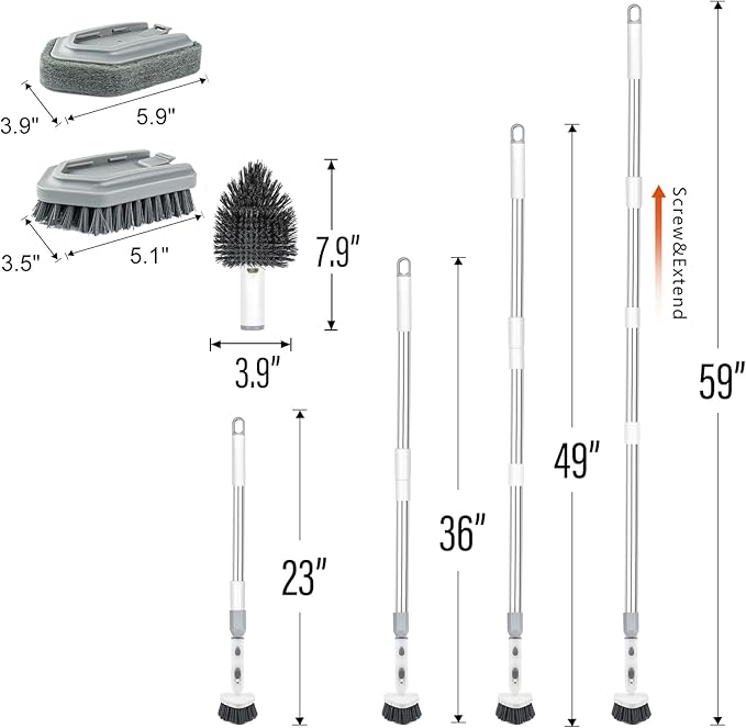 ITTAHO Tile Tub Scrubber Brush with 4 Cleaning Heads,59" Long Handle Stiff Bristles Scrub Brush with Extendable Pole, Rotatable Detachable Scrub Brush for Shower,Tile, Tub,Bathroom,Walls,Sink