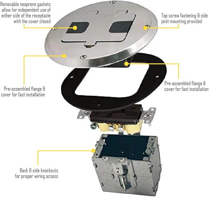 RACO 6239NI Floor Kit with Recessed Duplex 15A TR Device and Adjustable Steel Box, 1-Gang, Nickel