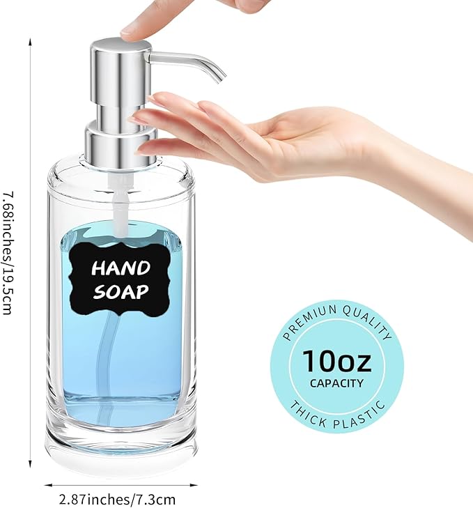 Soap Dispenser Set of 2, Clear Plastic Hand Soap and Dish Soap Dispenser for Kitchen and Bathroom, 10oz Refillable Containers with Waterproof Labels & Rust Proof ABS Pumps