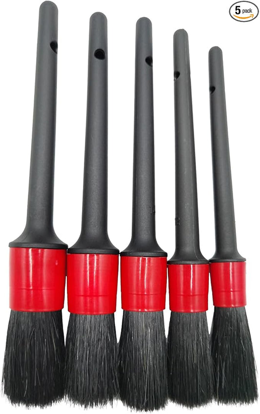 Car Detailing Brush Set of 5 - Soft Boar Hair, Car Wash Brush, Wheel Cleaner Brush, Car Dust Brush, Car Interior Leather Seat and Vent Brush, Parts Cleaner Brush