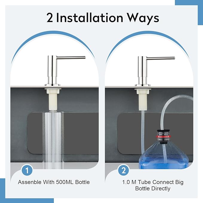 Kitchen Sink Soap Dispenser with 17 OZ Bottle and 40" Extension Tube Kit, Stainless Steel Built-in Soap Dispenser for Kitchen Sink or Countertop, In or Under Sink Installation, Polished Chrome